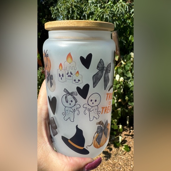 Halloween pumpkins cats ghost Libbey frosted can glass 16oz - Picture 2 of 4